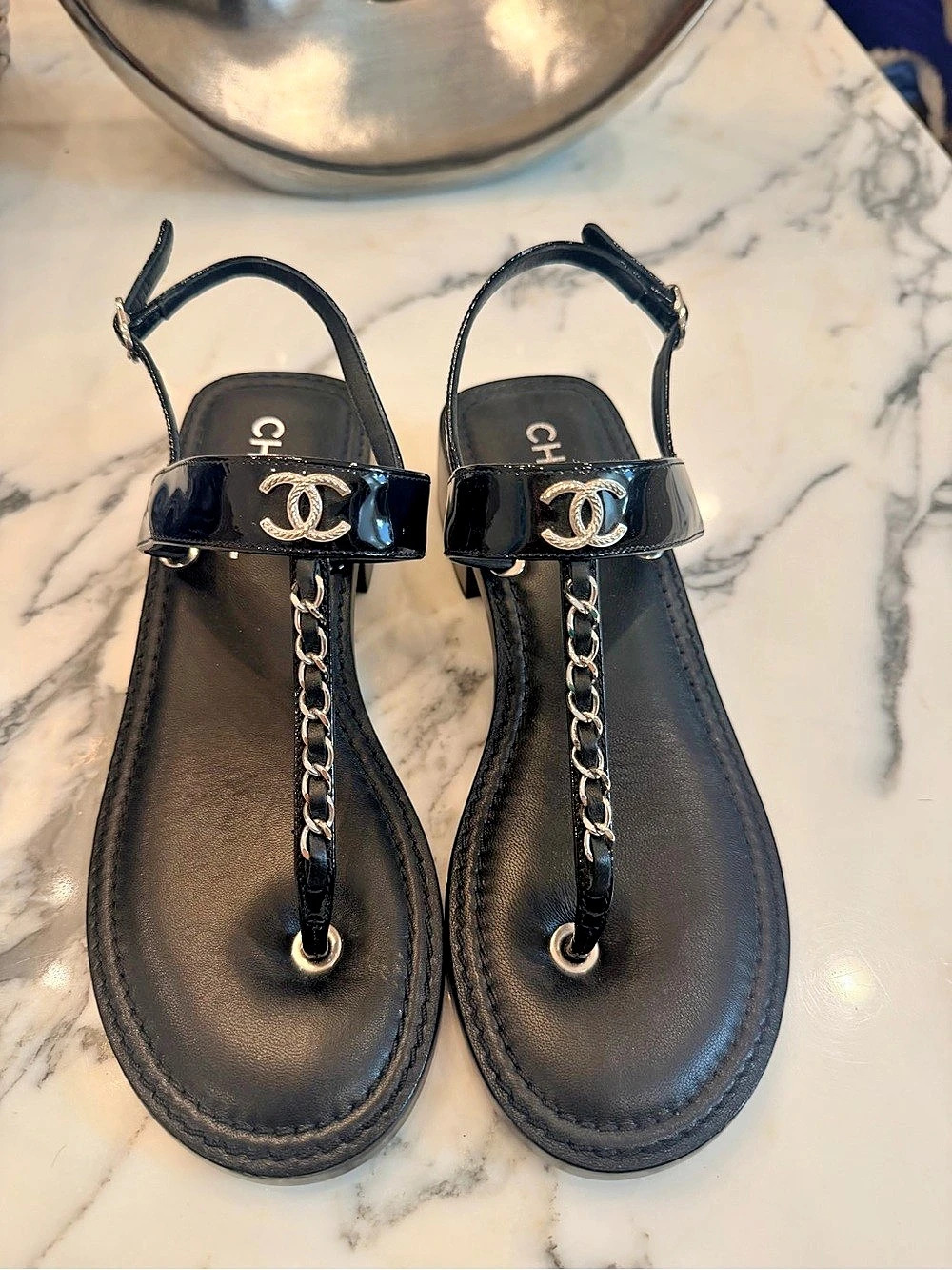 Chanel Patent Leather Interlocking CC Chain T-Strap Sandals